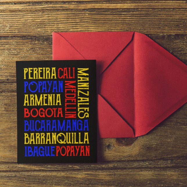 Invitación Postal de arte de Typografia de Colombia (Colombia Medellin Bogota Cartagena City Names Flag Postcard)