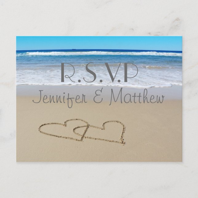 Invitación Postal de Beach Love Hearts boda "rsvp" (Anverso)