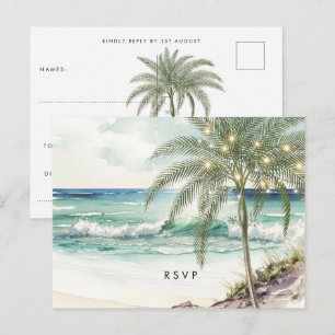 Invitación postal de boda de la playa de palmeras tropicales 
