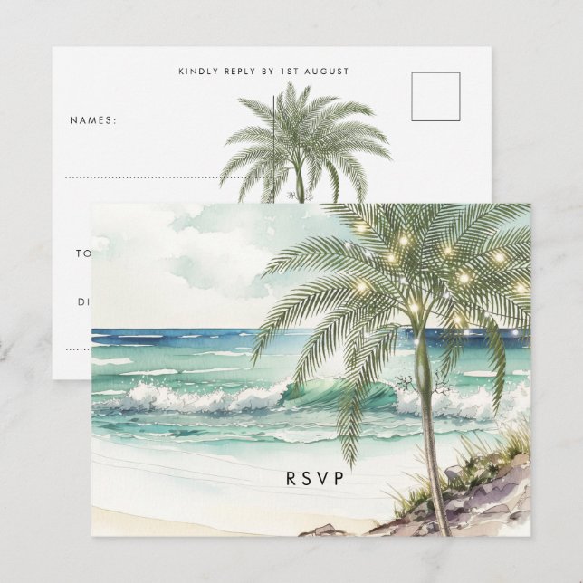 Invitación postal de boda de la playa de palmeras tropicales  (Anverso / Reverso)