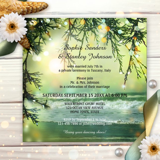 Invitación postal de boda o después de la boda (Wedding reception only invitation featuring a painting of an ocean with sparkling bokeh lights)