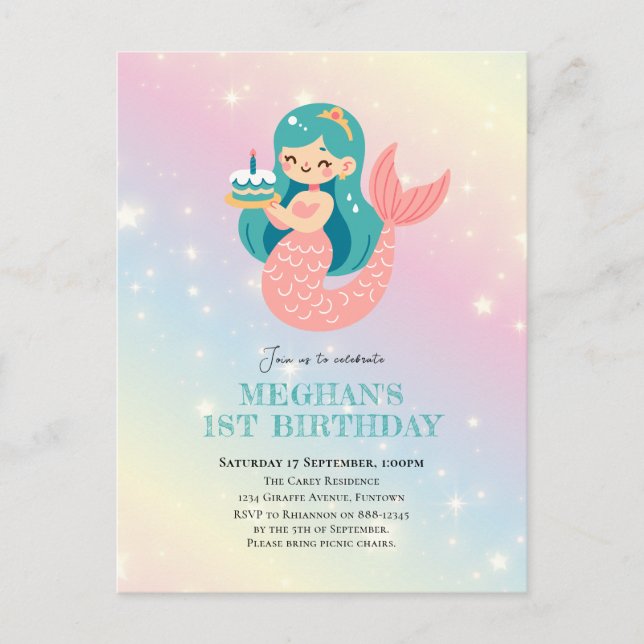 Invitación postal de cumpleaños de Sirena bajo el  (Anverso)
