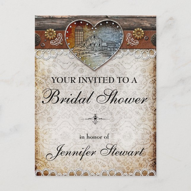 Invitación Postal de ducha para novias en un país de granero  (Anverso)