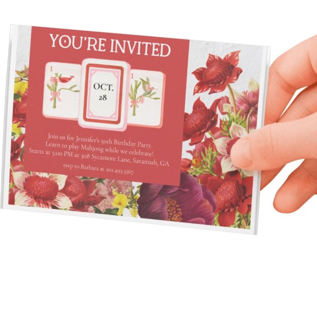 Invitación postal de Mahjong Bold Rich Red Florals (Subido por el creador)