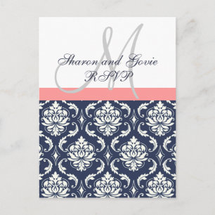 Invitación Postal de matrimonio Damask de la marina personali