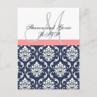 Invitación Postal de matrimonio Damask de la marina personali