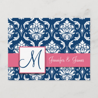 Invitación Postal de matrimonio Damask de la marina rosa pers