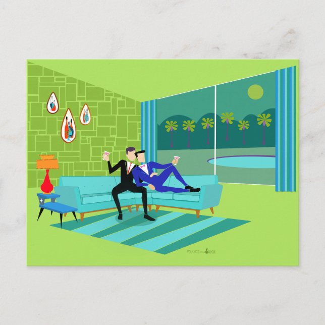 Invitación postal de pareja gay romántica retro (Anverso)