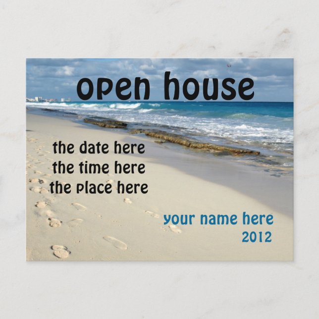 Invitación postal de Sandy Beach Open House (Anverso)