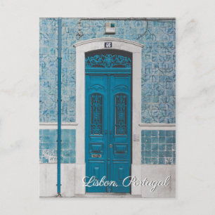 Invitación postal de viaje de la puerta azul de Lisboa