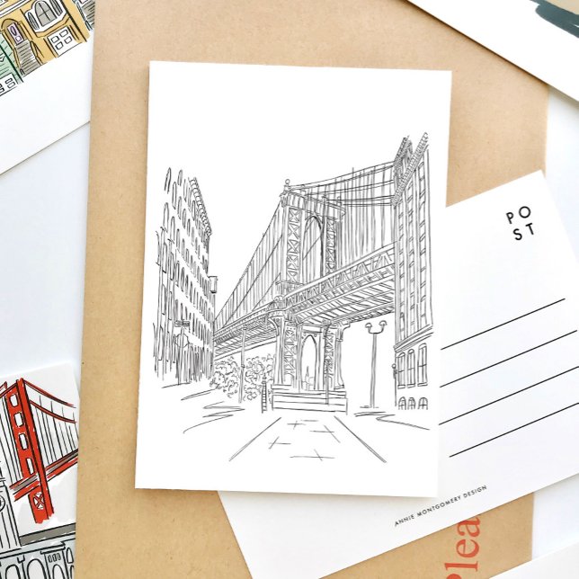 Invitación Postal puente Manhattan de Nueva York (Black and white sketch New York Brooklyn Bridge travel postcard.)