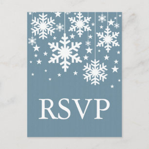 Invitación Postal RSVP con copos de nieve y estrellas, azul