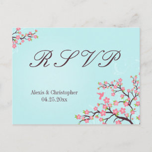 Invitación Postal RSVP con flor de cerezo rosa azul