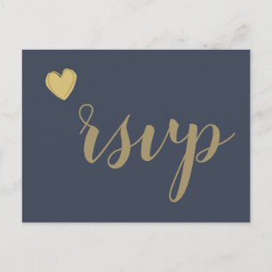 Invitación Postal RSVP de boda de corazón dorado de la marina