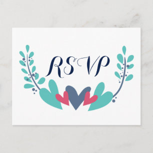 Invitación Postal RSVP de boda de corazones y vides