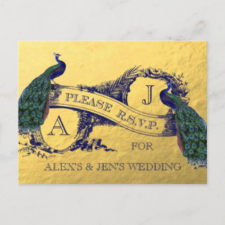 Invitación Postal RSVP de boda de pavo real de Relieve metali