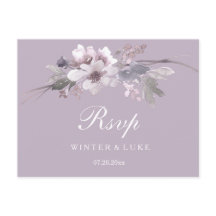 Postal RSVP de boda floral de invierno púrpura mod