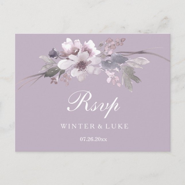 Invitación Postal RSVP de boda floral de invierno púrpura mod (Anverso)