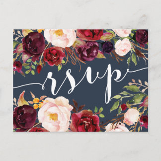 Invitación Postal RSVP de boda floral de la Marina de Borgoña
