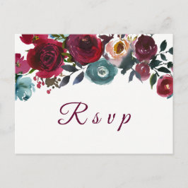 Invitación Postal RSVP de Boda Floral de Vino Rojo Borgoña