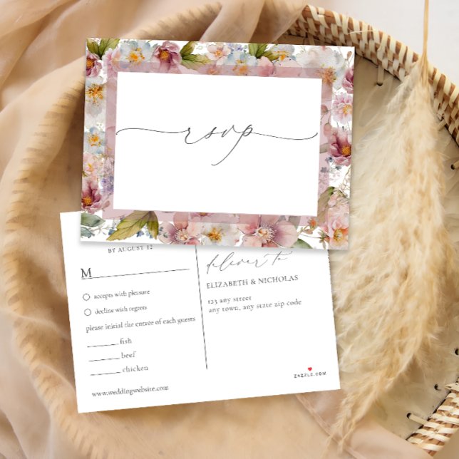 Invitación Postal RSVP de boda floral rosa acuarela (Subido por el creador)