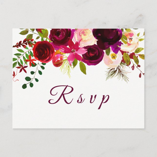 Invitación Postal RSVP de Boho Boho de Borgoña Rojo Floral (Anverso)