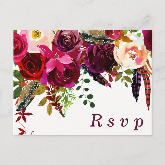 Invitación Postal RSVP de Boho Boho de Borgoña Rojo Floral (Anverso)