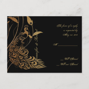 Invitación Postal RSVP de Bronce Art Deco Peacock y Floral