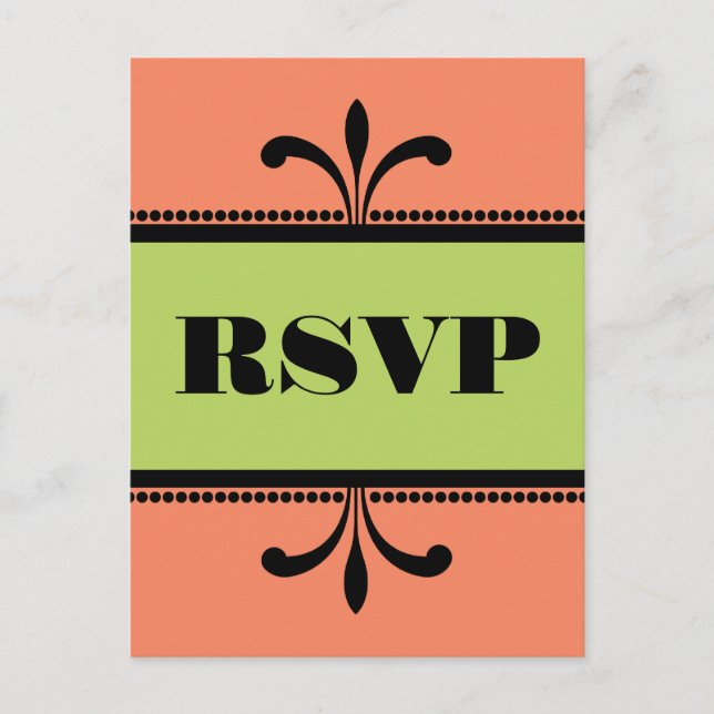 Invitación Postal RSVP de estilo Art Deco naranja/Verde Fancy (Anverso)