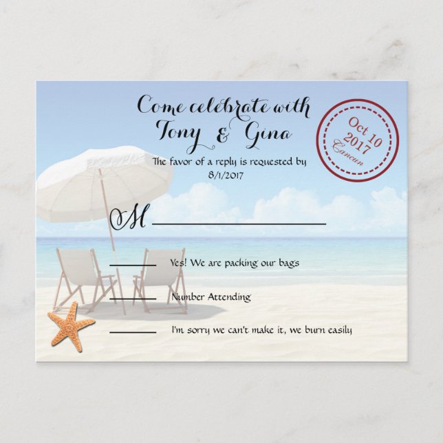 Invitación Postal RSVP de la boda de destino de Cancún (Anverso)
