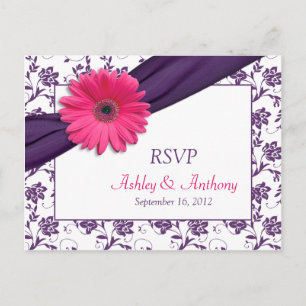 Invitación Postal RSVP de la boda de la damáscara púrpura ros