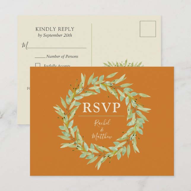 Invitación Postal RSVP de la boda de otoño de verde (Anverso / Reverso)