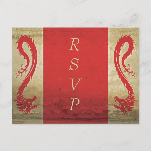 Invitación Postal RSVP de la boda del dragón rojo (Anverso)