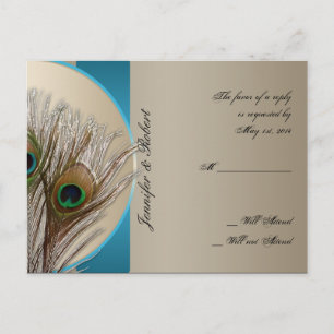 Invitación Postal RSVP de la pluma de pavo real de Taupe Aqua