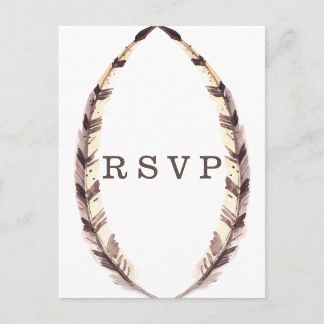 Invitación Postal RSVP de matrimonio en frontera con plumas (Anverso)