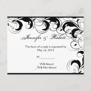 Invitación Postal RSVP de pergamino negro de filigrí blanco