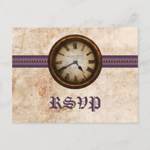 Invitación Postal RSVP de reloj antiguo, púrpura