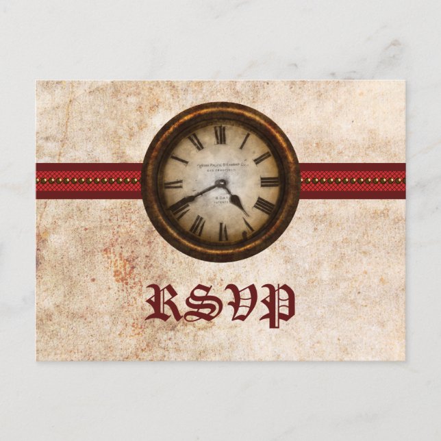 Invitación Postal RSVP de reloj antiguo, rojo (Anverso)