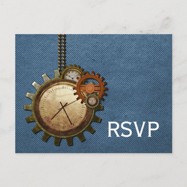 Invitación Postal RSVP de reloj de vintage, azul (Anverso)