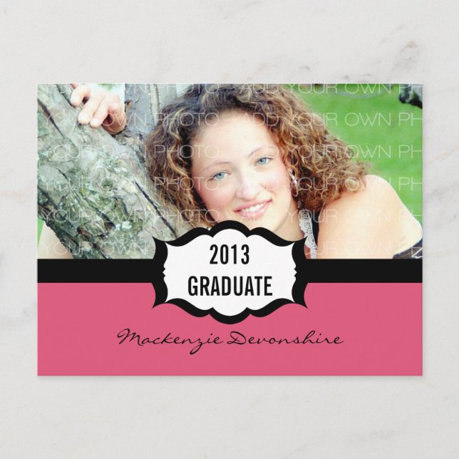 Invitación Postal simple de graduación, rosa (Anverso)