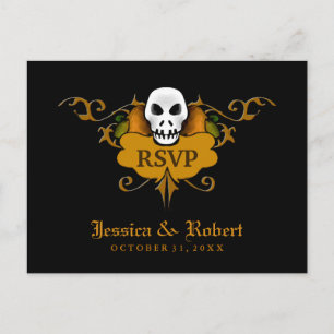 Invitación Postal Wed RSVP - Naranja de cráneo de Halloween y