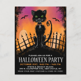 Invitación postales - Gato negro de Halloween en c