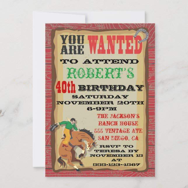 Invitación Póster de cumpleaños de vaquero con toro mecánico (Anverso)
