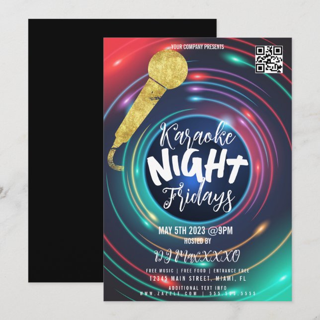 Invitación Póster de Noche de Karaoke Neon para Evento de Fie (Anverso / Reverso)