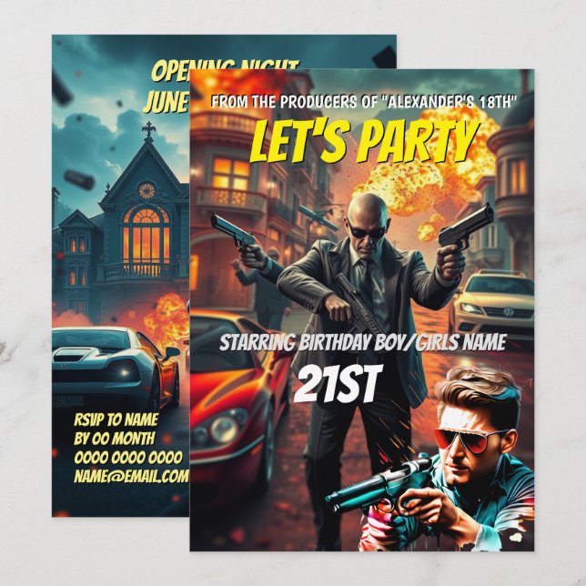 Invitación Poster de películas de acción cine noche editable  (Anverso / Reverso)