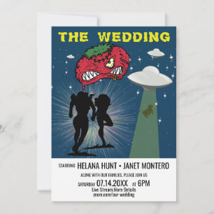 Invitación Póster Retro de Ciencia Ficción Boda Virtual Lésbi