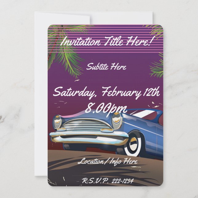 Invitación Póster retro de coche de neón de los 80 (Reverso)