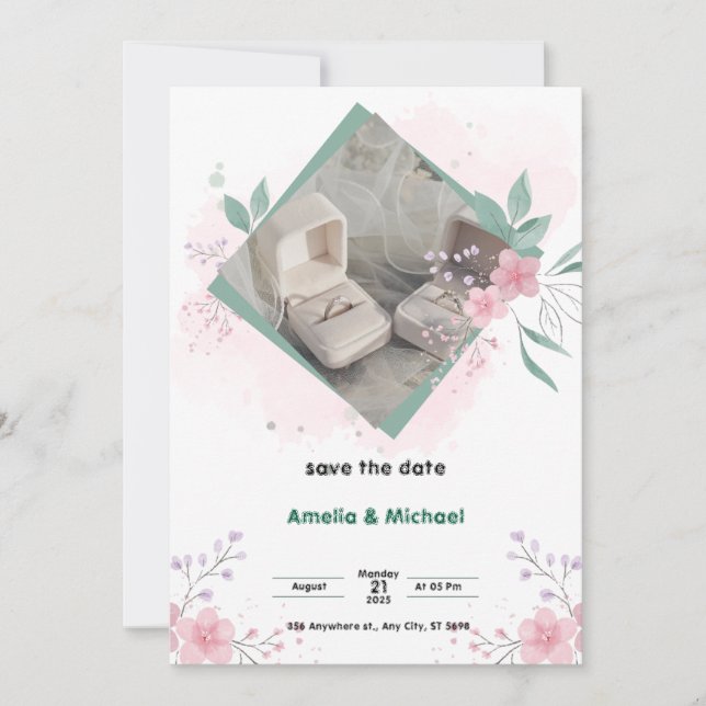Invitación Póster verde y rosa simple para guardar la fecha d (Anverso)