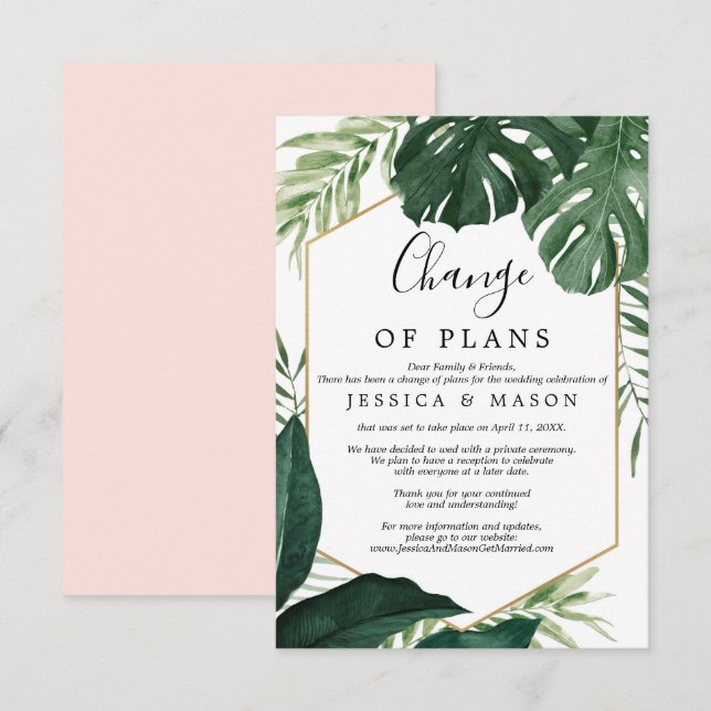 Invitación postergada del Boda de Monstera Tropica (Anverso / Reverso)