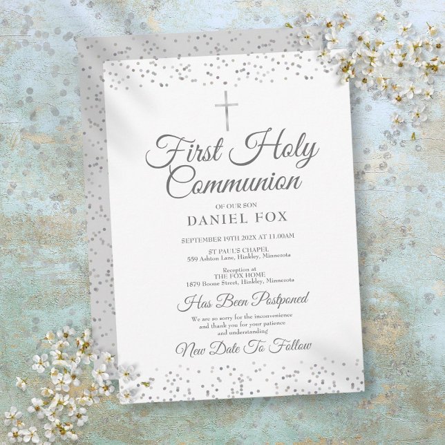 Invitación postergada Plata ante Santa Comunión (Postponed Announcement Silver First Holy Communion)